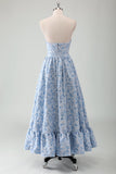 Blue A-Line Strapless Ruffled Maxi Dress with Belt