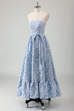Blue A-Line Strapless Ruffled Maxi Dress with Belt