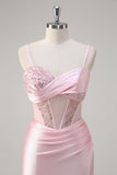 Sparkly Pink Mermaid Sheer Corset Ruched Sequin Long Prom Dress with Slit