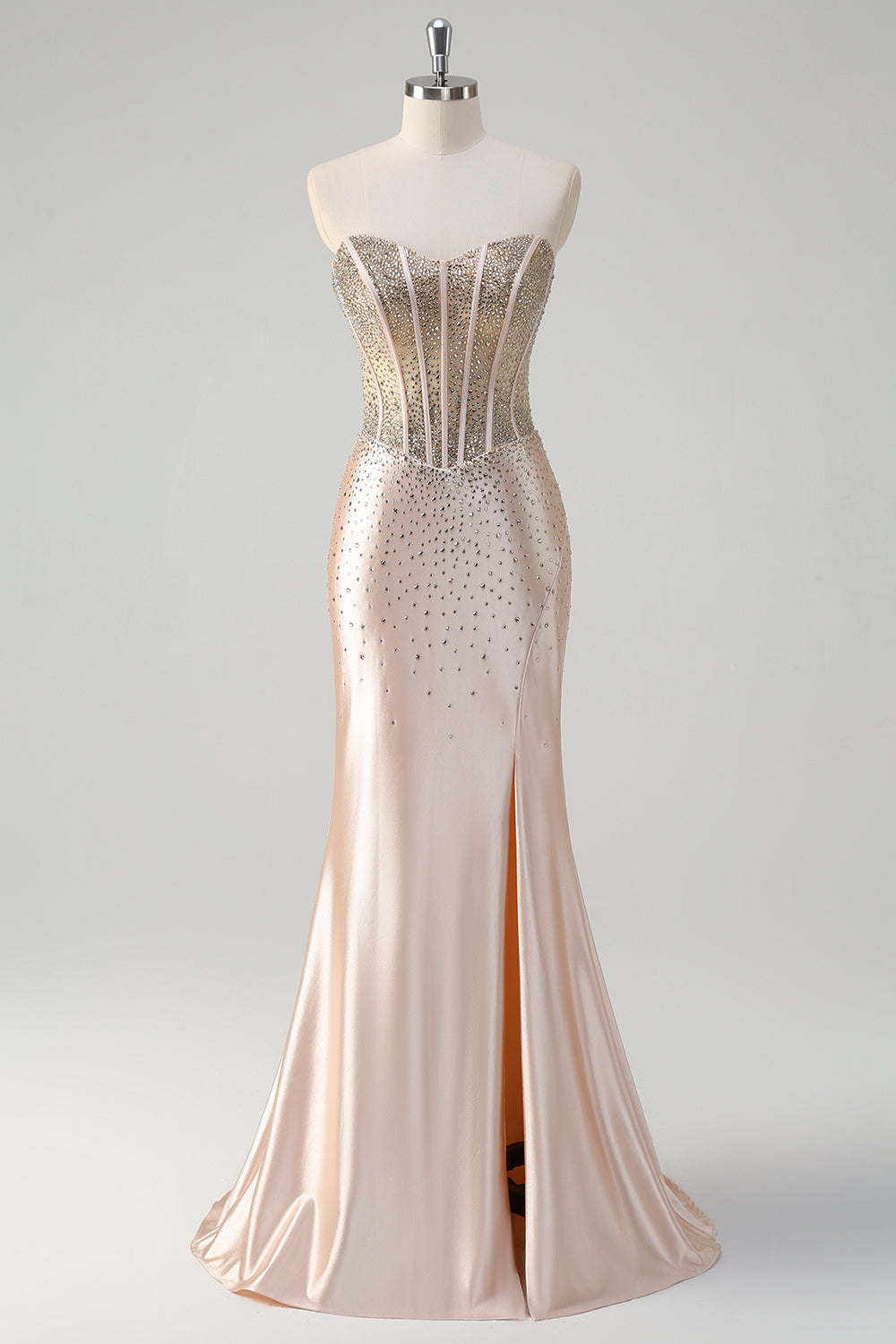 WEDTREND Women Champagne Beaded Long Prom Dress With Slit Strapless Mermaid Corset Formal Dress WEDTREND Women Champagne Beaded Long Prom Dress With Slit Strapless Mermaid Corset Formal Dress
