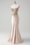 Champagne Strapless Mermaid Corset Beaded Long Prom Dress With Slit
