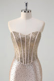 Champagne Strapless Mermaid Corset Beaded Long Prom Dress With Slit