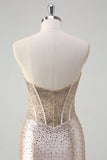 Champagne Strapless Mermaid Corset Beaded Long Prom Dress With Slit