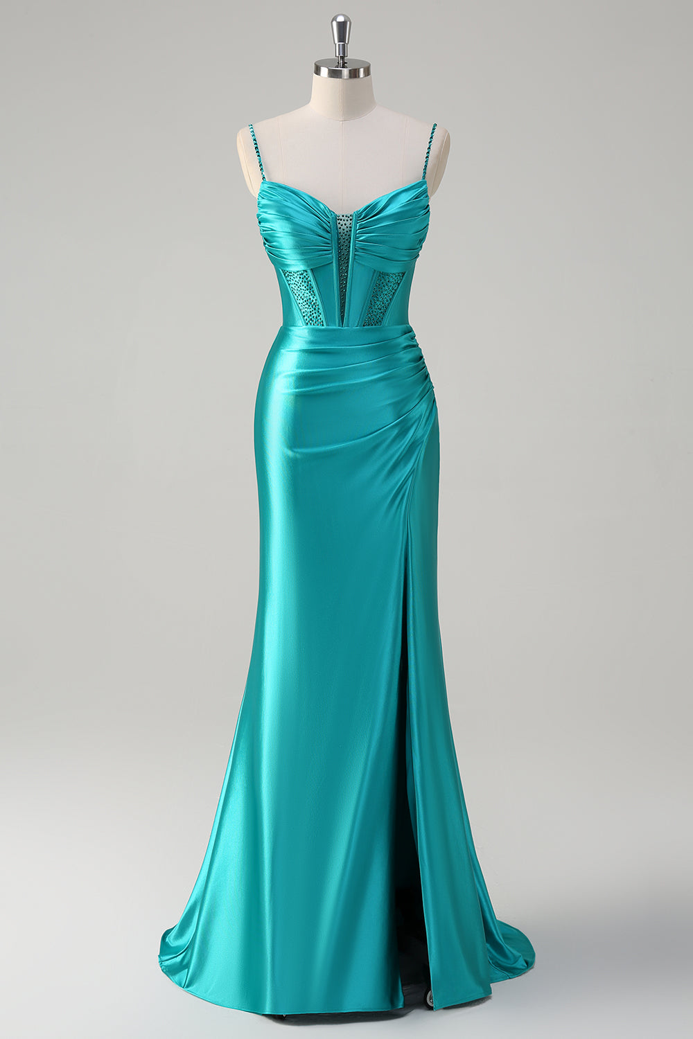 peacock long prom dress A-Line Strapless Satin Peacock Blue Long Prom Dress, Simple Peacock Blue Evening Dress US 4 / Blue