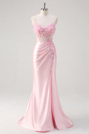 Pink Mermaid Spaghetti Straps Corset Floral Ruched Beaded Prom Dress with Slit