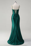 Sparkly Dark Green Mermaid Ruched Corset Beaded Long Prom Dress with Slit
