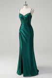 Sparkly Dark Green Mermaid Ruched Corset Beaded Long Prom Dress with Slit