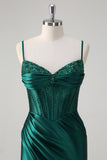 Sparkly Dark Green Mermaid Ruched Corset Beaded Long Prom Dress with Slit