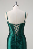 Sparkly Dark Green Mermaid Ruched Corset Beaded Long Prom Dress with Slit
