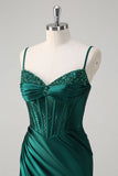 Sparkly Dark Green Mermaid Ruched Corset Beaded Long Prom Dress with Slit