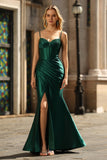 Sparkly Dark Green Mermaid Corset Ruched Beaded Satin Long Prom Dress with Slit