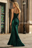 Sparkly Dark Green Mermaid Corset Ruched Beaded Satin Long Prom Dress with Slit