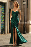 Sparkly Dark Green Mermaid Corset Ruched Beaded Satin Long Prom Dress with Slit