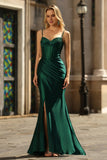 Sparkly Dark Green Mermaid Corset Ruched Beaded Satin Long Prom Dress with Slit