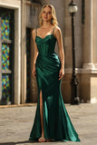 Sparkly Dark Green Mermaid Corset Ruched Beaded Satin Long Prom Dress with Slit