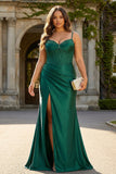 Sparkly Dark Green Mermaid Ruched Corset Beaded Long Plus Size Prom Dress with Slit