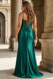 Sparkly Dark Green Mermaid Ruched Corset Beaded Long Plus Size Prom Dress with Slit