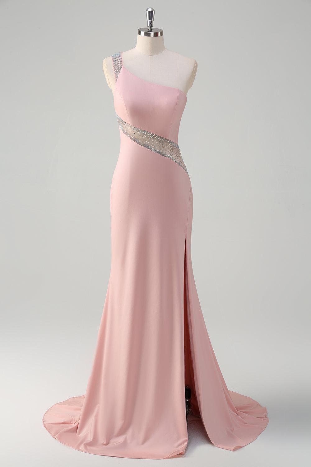 WEDTREND Women Sparkly Light Pink Long Prom Dress with Slit Mermaid Sheer One Shoulder Beaded Satin Party Dress WEDTREND Women Sparkly Light Pink Long Prom Dress with Slit Mermaid Sheer One Shoulder Beaded Satin Party Dress