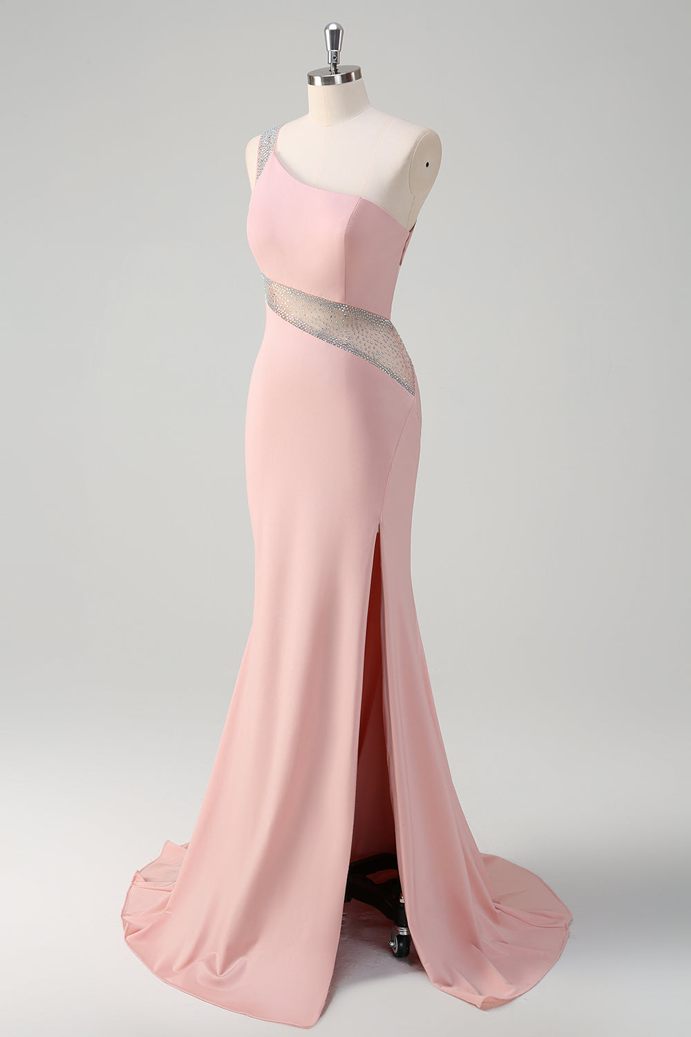 WEDTREND Women Sparkly Light Pink Long Prom Dress with Slit Mermaid Sheer One Shoulder Beaded Satin Party Dress WEDTREND Women Sparkly Light Pink Long Prom Dress with Slit Mermaid Sheer One Shoulder Beaded Satin Party Dress