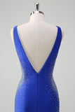 Sparkly Royal Blue Mermaid V Neck Open Back Satin Long Prom Dress with Beading