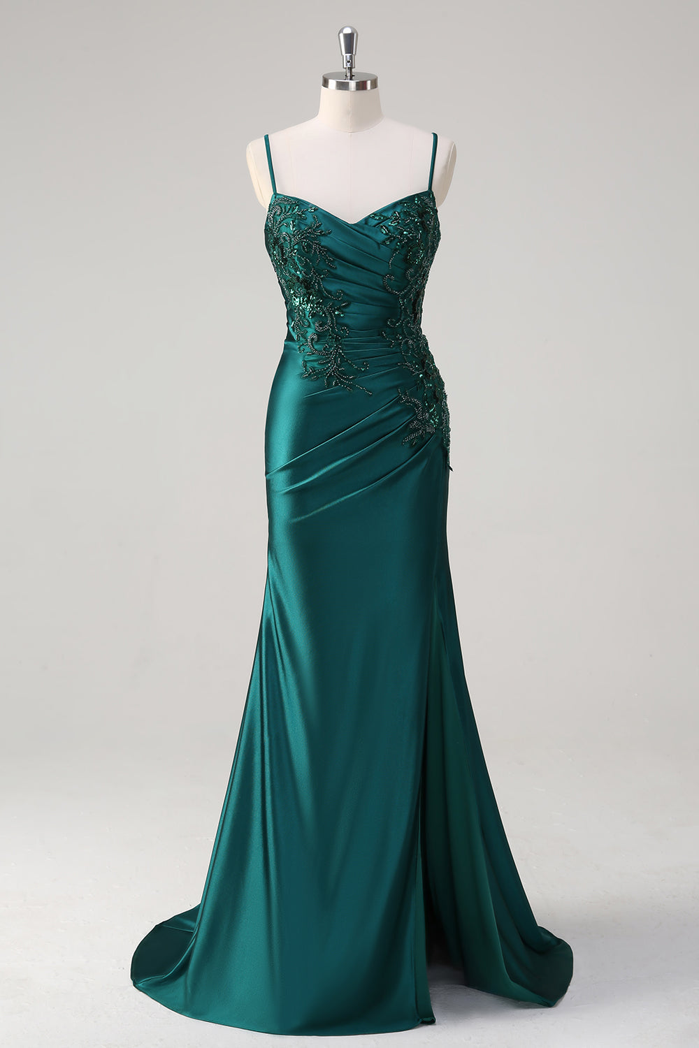WEDTREND Women Dark Green Long Prom Dress with Slit Mermaid Spaghetti Straps Ruched Beaded Formal Dress WEDTREND Women Dark Green Long Prom Dress with Slit Mermaid Spaghetti Straps Ruched Beaded Formal Dress
