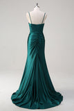 Dark Green Mermaid Spaghetti Straps Ruched Beaded Long Prom Dress with Slit