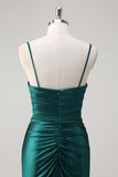 Dark Green Mermaid Spaghetti Straps Ruched Beaded Long Prom Dress with Slit