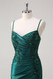 Dark Green Mermaid Spaghetti Straps Ruched Beaded Long Prom Dress with Slit