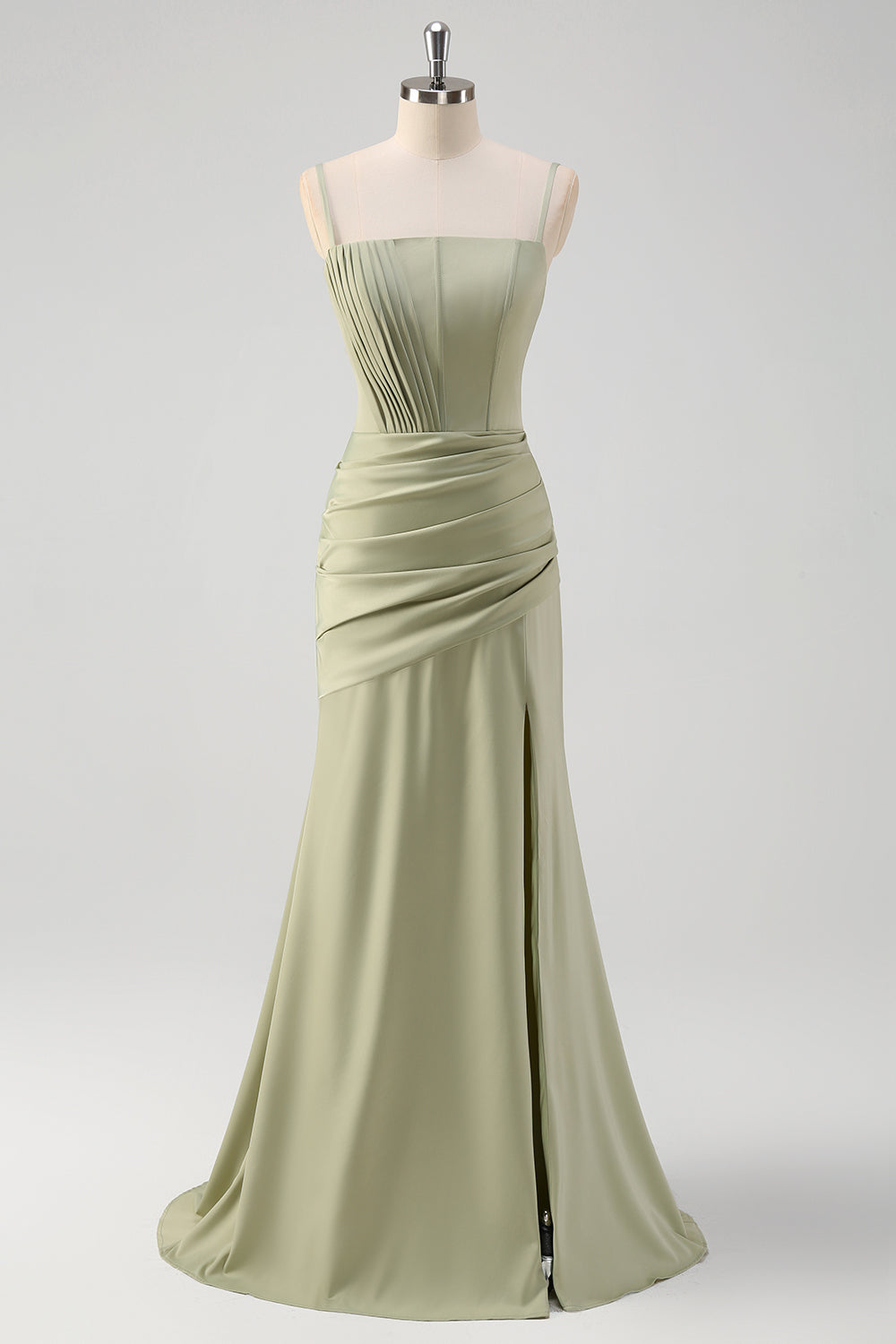 Wedtrend Women Sage Bridesmaid Dress with Slit Mermaid Spaghetti Straps Pleated Corset Long Wedding Guest Dress, Sage / US14 Wedtrend Women Sage Bridesmaid Dress with Slit Mermaid Spaghetti Straps Pleated Corset Long Wedding Guest Dress, Sage / US14
