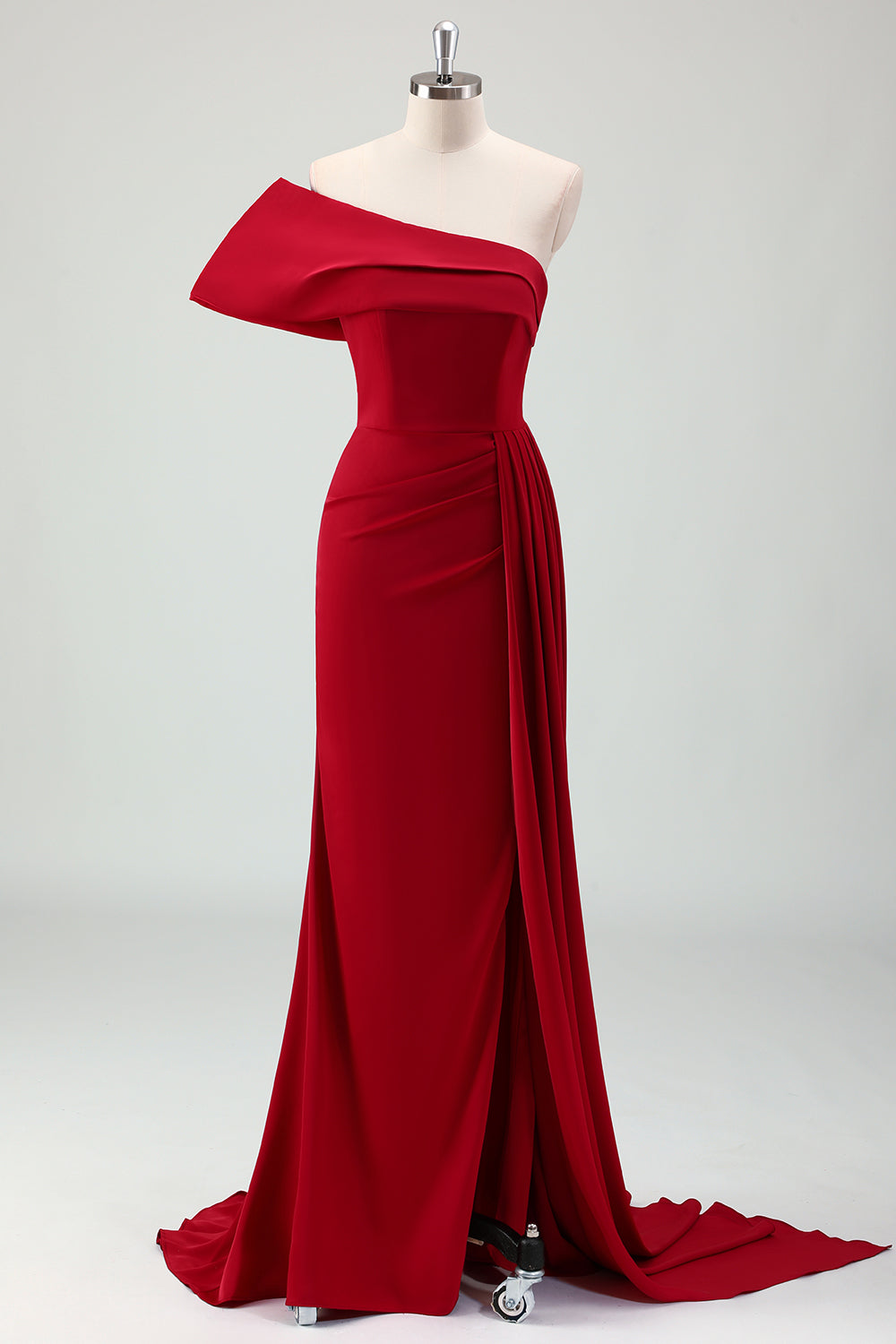 WEDTREND Women Red Mermaid Prom Dress with Slit One Shoulder Pleated Satin Long Formal Dress, Burgundy / US4