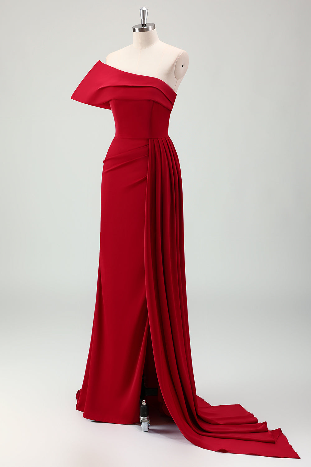 WEDTREND Women Red Mermaid Prom Dress with Slit One Shoulder Pleated Satin Long Formal Dress WEDTREND Women Red Mermaid Prom Dress with Slit One Shoulder Pleated Satin Long Formal Dress