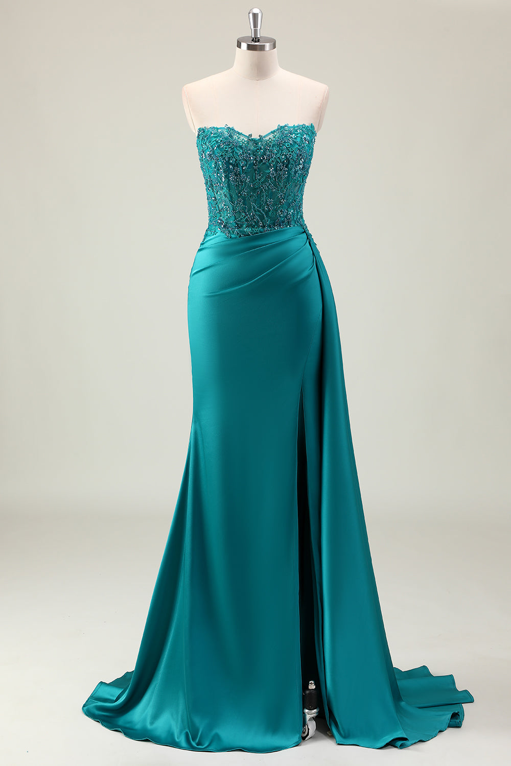 WEDTREND Women Green Strapless Prom Dress with Slit Split Mermaid Corset Ruched Sequins Satin Formal Evening Dress WEDTREND Women Green Strapless Prom Dress with Slit Split Mermaid Corset Ruched Sequins Satin Formal Evening Dress