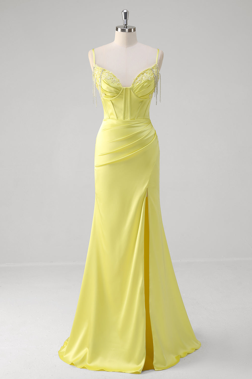 Wedtrend Women Yellow Prom Dress With Slit Mermaid Spaghetti Straps Corset Beaded Long Formal Dress with Appliques WEDTREND Wedtrend Women Yellow Prom Dress With Slit Mermaid Spaghetti Straps Corset Beaded Long Formal Dress with Appliques WEDTREND