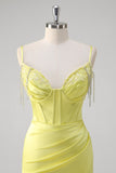 Yellow Mermaid Spaghetti Straps Corset Beaded Long Prom Dress With Slit