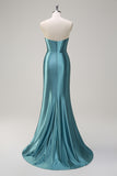 Grey Green Mermaid Strapless Pleated Corset Long Prom Dress with Slit