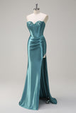 Grey Green Mermaid Strapless Pleated Corset Long Prom Dress with Slit