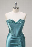 Grey Green Mermaid Strapless Pleated Corset Long Prom Dress with Slit