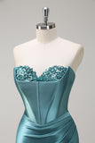 Grey Green Mermaid Strapless Pleated Corset Long Prom Dress with Slit