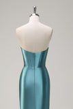 Grey Green Mermaid Strapless Pleated Corset Long Prom Dress with Slit