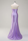 Grey Green Mermaid Strapless Pleated Corset Long Prom Dress with Slit