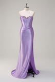 Grey Green Mermaid Strapless Pleated Corset Long Prom Dress with Slit