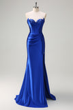 Grey Green Mermaid Strapless Pleated Corset Long Prom Dress with Slit