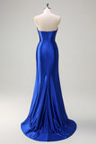 Grey Green Mermaid Strapless Pleated Corset Long Prom Dress with Slit