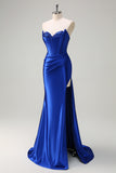 Grey Green Mermaid Strapless Pleated Corset Long Prom Dress with Slit