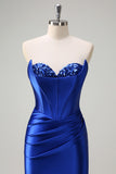 Grey Green Mermaid Strapless Pleated Corset Long Prom Dress with Slit