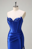 Grey Green Mermaid Strapless Pleated Corset Long Prom Dress with Slit