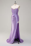 Grey Green Mermaid Strapless Pleated Corset Long Prom Dress with Slit