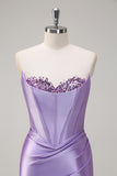 Grey Green Mermaid Strapless Pleated Corset Long Prom Dress with Slit