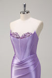 Grey Green Mermaid Strapless Pleated Corset Long Prom Dress with Slit