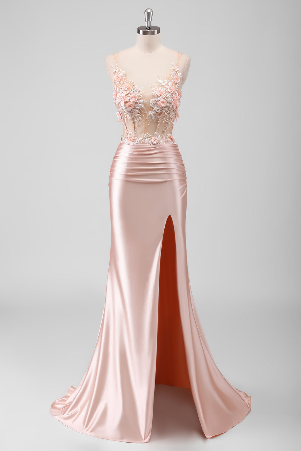 Wedtrend Women Peach Floral Beaded Prom Dress with Slit Mermaid 3D Flowers Sheer Corset Long Open Back Formal Dress WEDTREND Wedtrend Women Peach Floral Beaded Prom Dress with Slit Mermaid 3D Flowers Sheer Corset Long Open Back Formal Dress WEDTREND